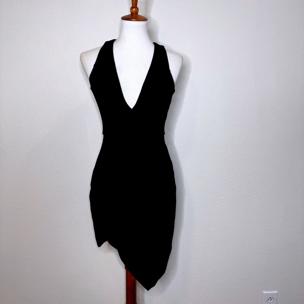 NBD Revolve NWT Dries Mini‎ Dress XS Deep V Neck Asymmetric Hem Black Bodycon